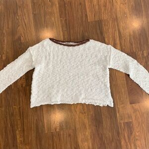 Zenana Outfitters Cream Sweater with Brown Trim